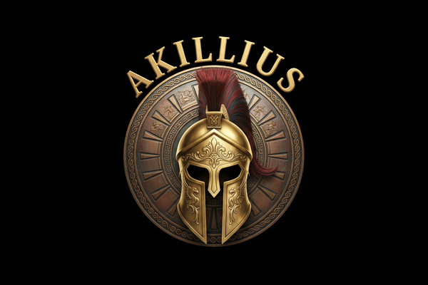 Casque grec dore sous un fond forme dun.bouclier grec sous fond noir ou est ecris dessus Akillius